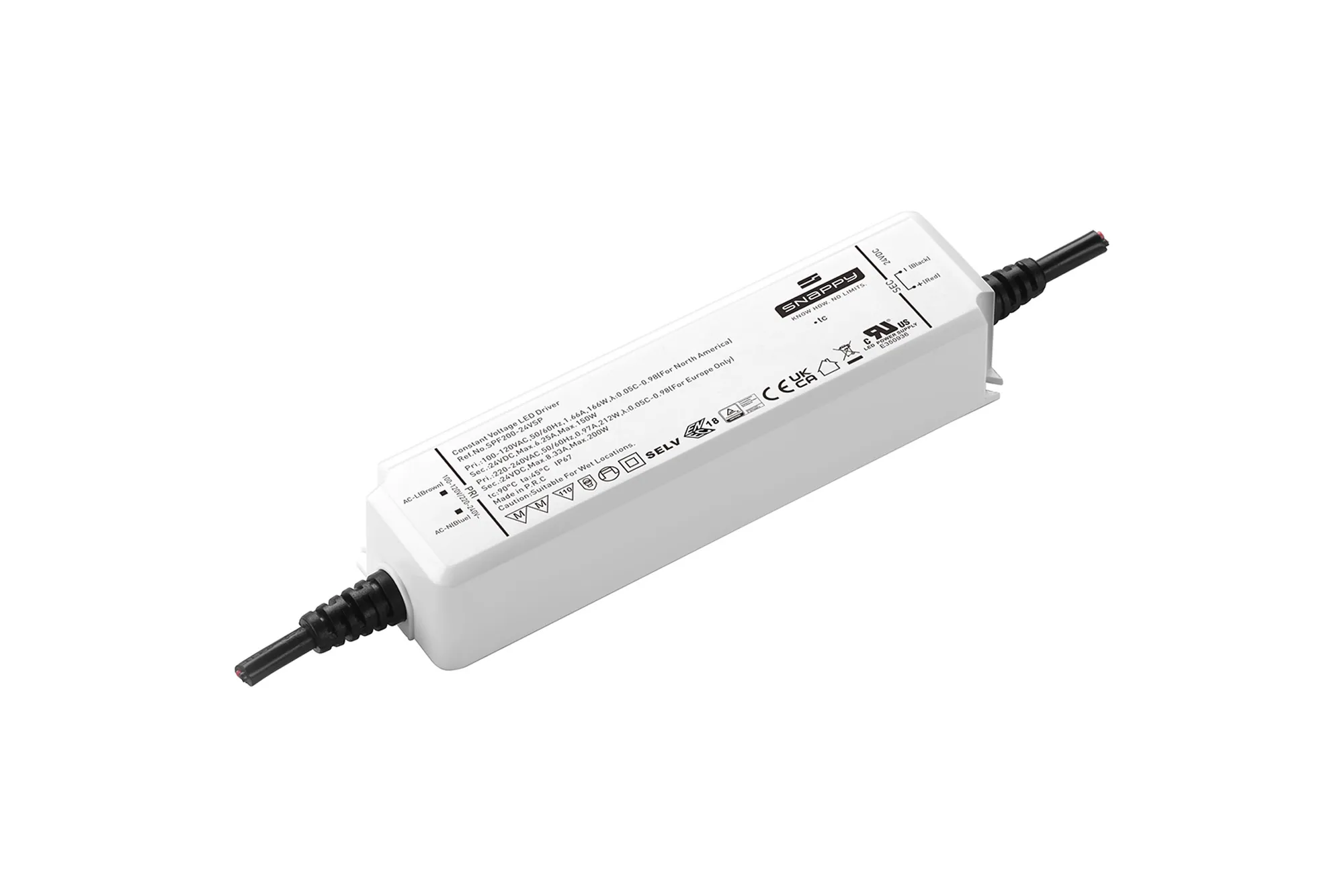 SPF200-24VSP  200W, Constant Voltage Non Dimmable LED Driver, 24VDC, Input 200-240VAC 50/60Hz, IP67.